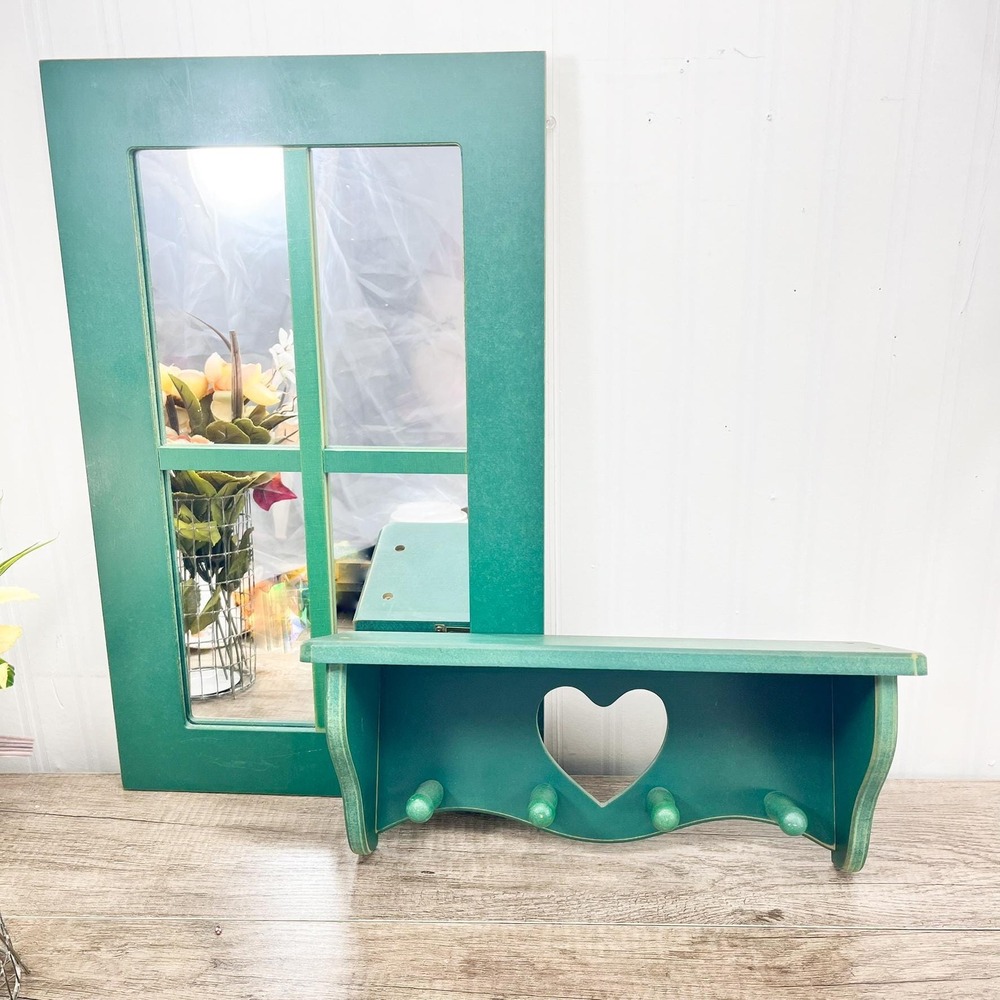 Green Wooden Heart Shelf and Mirror Set - Vintage Cottagecore Decor